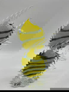 Giorgio Guzman Murano-Style Glass Sculpture of Angel Fish: Hand-blown glass art featuring two yellow and green striped fish swimming upward in a clear wave-like base. Dimensions: H12in L6in W5in Medium: Hand-blown art glass sculpture