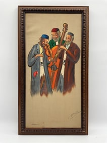 Klezmer Trio in Israel by F. Kramer Judaica Art Oil on Canvas