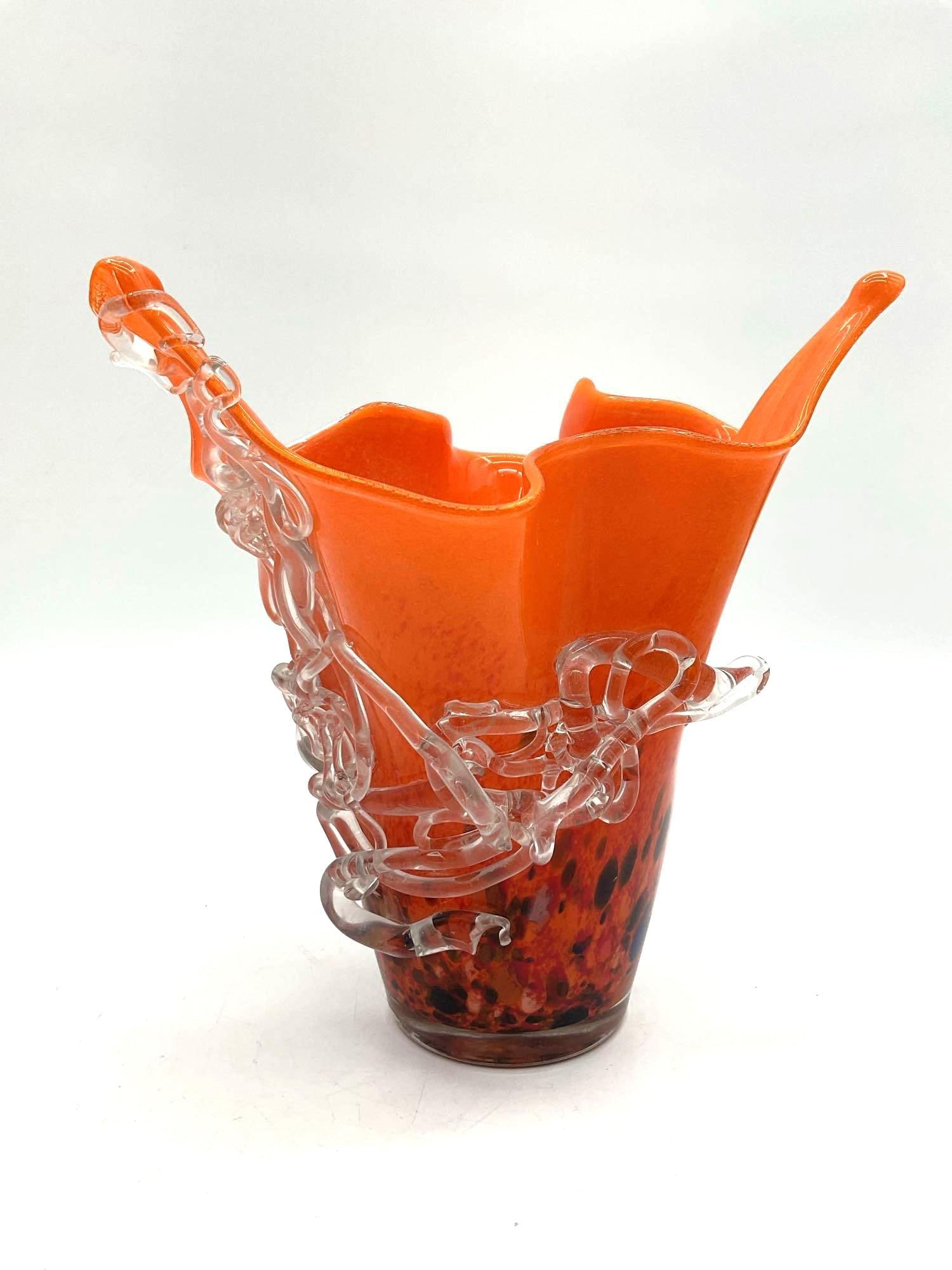 Murano Style Orange Art Glass Vase with Clear Ribbon Detail - Signed, Artist Unknown (1 of 5)
