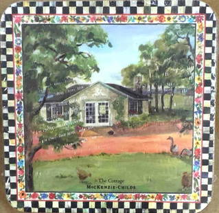 MacKenzie-Childs “The Cottage?? Coaster Set: Decorative metal coasters featuring a pastoral cottage scene with floral and checkerboard trim. Dimensions: H4in L4in Medium: Printed coasters