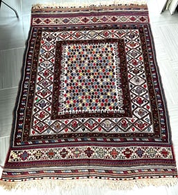 Caucasian Tribal Wool Rug with Geometric Motifs