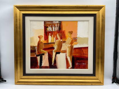 Abstract in Warm Tones by Adriana Naveh (Argentina ,b. 1963) Acrylic on Board: Description: Rendered in bold acrylic palette-knife strokes over an abstracted interior setting. Signed upper right. Naveh trained at Academy of Fine Arts, De Cuyo University and Avni Institute in Tel