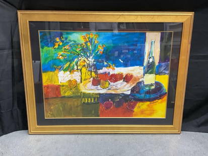 "Diez Coranzones A La Mesas" by Cecilia Garcia Amaro (Mexico, b. 1953) serigraph: Description: Bold still life featuring a bottle, fruit, and floral arrangement in vivid blues, yellows, reds, and greens. Expressive brushwork and rich contrasts throughout. Cecilia García Amaro is k