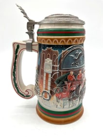 1997 Budweiser Holiday Beer Stein Lid "Home For The Holidays" Collection Ceramic and pewter