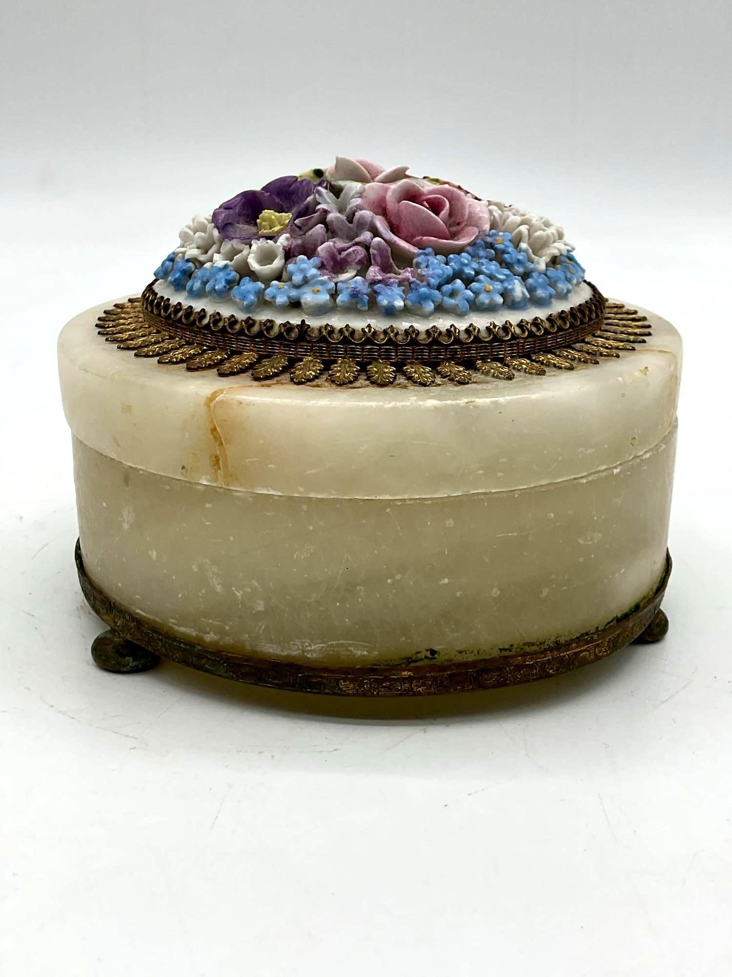 Carved Alabaster Trinket Box with Floral Porcelain Lid Alabaster, porcelain, and metal trim (1 of 4)