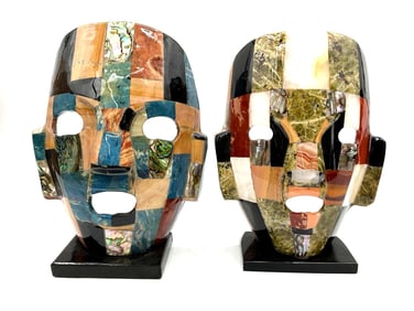 Pair of Mexican Inlaid Stone Decorative Masks