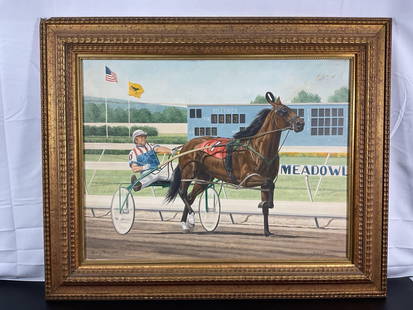 Harness Racing Hall of Fame Painting, Standardbred Art, Nihilator,: A detailed painting depicting a harness racing scene at the Meadowlands Racetrack. The composition focuses on a trotting horse in motion, wearing racing gear and pulling a sulky cart driven by a jocke