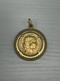 French Marianne Gold Coin Pendant in Decorative Frame