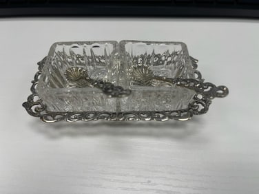 Vintage Cut Glass and Sterling Silver Double Salt Cellar with Spoons