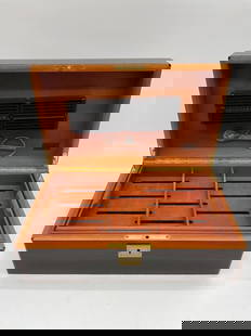 Wohl Davidoff High Gloss Wooden Humidor: Rectangular polished wood box with rich dark grain, brass keyhole plate, and smooth high-gloss finish. Dimensions: H6in L15in W9in Medium: Lacquered wood with brass hardware
