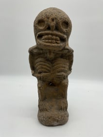 Aztec Pre Colombian Stone Figure with Grinning Skull Face