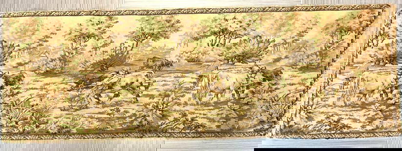 Antique French Farm Tapestry  1920's- Box 4 - Photo 14: A woven tapestry table runner, featuring a pastoral farm scene with cows grazing in a countryside landscape. The muted earth tones and intricate detailing suggest a French or European origin, likely f