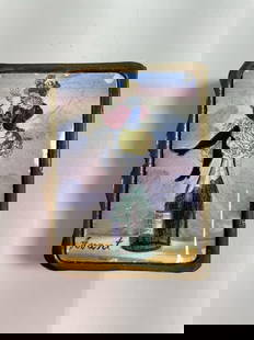 Antique First Edition French Wendy Rowden, Arrant Vesta Case (Match Safe Env 29): This is an antique vesta case (match safe) featuring an enameled scene on one side depicting a risqué illustration of a couple in 19th-century attire. The piece has a brass or gilded metal frame and