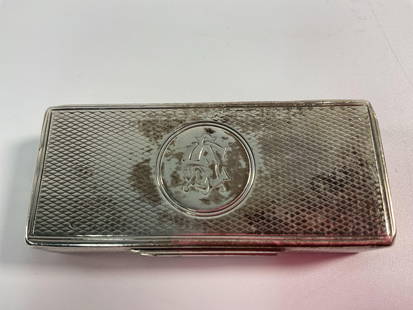 Rare Vintage Silver Asprey w/ Knife Vesta Case (Match Safe env 48): A vintage silver rectangular vesta case, finely textured with a guilloché pattern. One side features a circular emblem with a horse and rider in relief, likely representing an equestrian or fox hunti