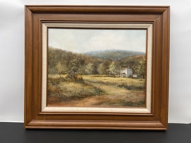 Framed Acrylic Painting of a Rural Landscape with Cabin - Signed Richard Collopy