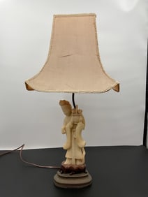 Vintage Asian-Inspired Carved Stone Quan Yin Figure, Kwan Yin, Guanyin Lamp with Silk Shade