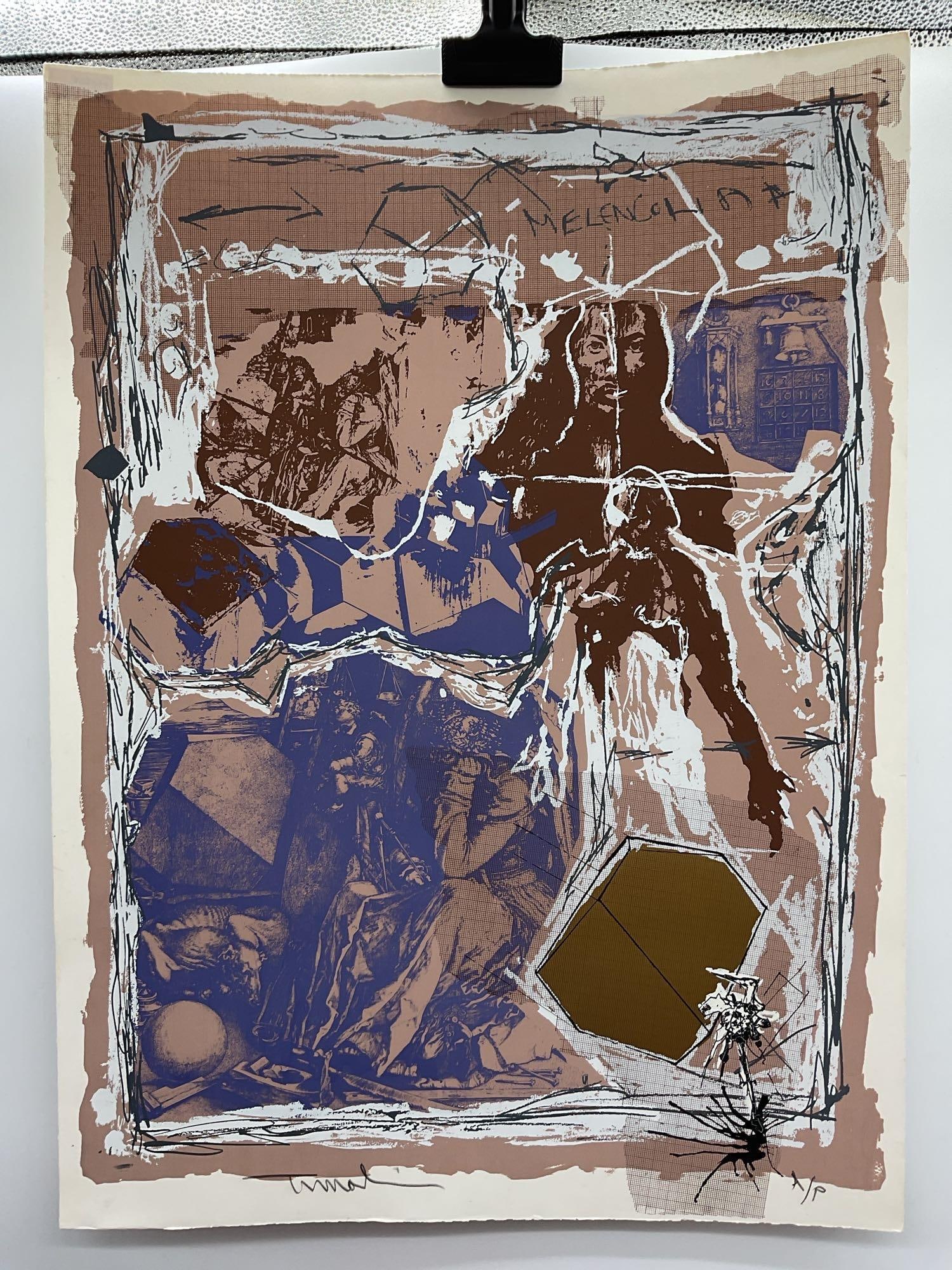 Melancholia I (Artist Proof) by Yigal Tumarkin (Israel, 1933-2015) Lithograph: Description: This is the artist proof (A/P) of Melancholia I, part of Tumarkin’s conceptual Polyhedron Paraphrases series. The work overlays Dürer’s Renaissance engraving with geometric forms and