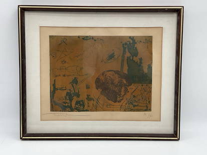 Yigal Tumarkin (Israel, 1933-2021) Lithograph: Description: A signed artist proof etching by Yigal Tumarkin featuring abstract and surreal elements with symbols such as a hammer and sickle, star, scientific diagrams, and an ambiguous figure, evoki