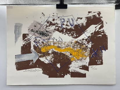 VAT 69 by Yigal Tumarkin (Israel, 1933-2015) Lithograph: Description: An abstract lithograph composition from Tumarkin’s Polyhedron Paraphrases series, featuring an architectural wireframe structure overlaid with bold gestures, scientific symbols, and geo