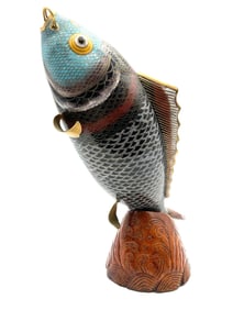Japanese Koi Fish Cloisonné Sculpture on Carved Wood Base