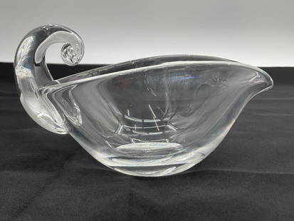 Steuben Snail Gravy Boat / Olive Dish: Graceful Steuben crystal bowl designed in the form of a swan, with a curved neck forming the handle and a rounded body serving as the bowl. Crafted from clear lead crystal, this piece reflects Steuben