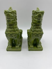 Pair of Mid-Century Green Ceramic Foo Dogs