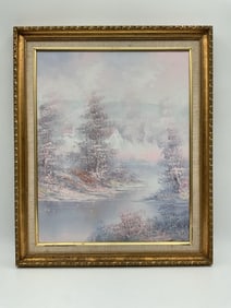 "Snowy Scene Cabin" Vintage Oil on Canvas