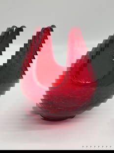 Viking Glass Ruby Red Crackle Vase: Handcrafted ruby red crackle glass vase with pulled tri-point rim. Features the original Viking Glass foil label with Viking ship emblem. Retains original Viking Glass foil label featuring a Norse shi