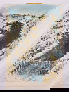 "The Glow in Neger" by Arthur Bar-On (Israel, b.1943) Lithograph: Description: A sunlit portrait of a young woman smiling against the backdrop of the sandy hills and sparse vegetation of Kibbutz Neger. This hand-colored lithograph captures a spirit of freedom, warmt