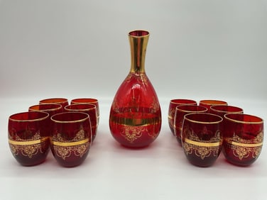 Custom Murano Glass Ruby Red and Gold Decanter Set