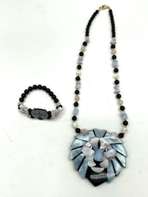 Mosaic Lion Pendant Necklace and Bracelet Set