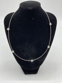 Silver-Tone Wire Necklace with Crystal Flower Accents