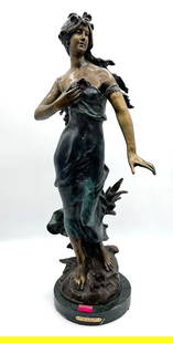 Woman in the Wind Bronze - Auguste Moreau: Impressive patinated bronze sculpture depicting a seated woman in classical attire playing a mandolin. The figure features finely detailed clothing, hair, and instrument, with a rich green and brown p