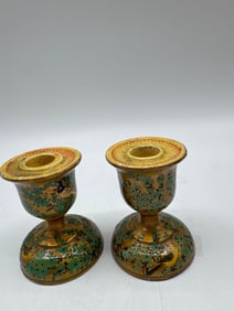 Pair of Hand-Painted Wooden Bird Motif Candle Holders
