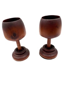 Pair of Hand-Turned Wooden Goblets on Pedestal Bases