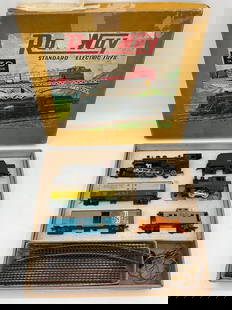 Ra-Way Railway Electric Train Set No. 3401: Description: Vintage battery-operated train set in original box. Includes a steam engine, tender, and four colorful cars (freight and caboose), along with curved track pieces and transformer compartme