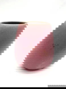 Pottery Matte Pink Vase by Fulper: Description:  Rounded cylindrical vase by Fulper Pottery featuring a matte rose-colored glaze with subtle dark accents near the base. Classic Arts and Crafts form with rich surface texture.  Dimension