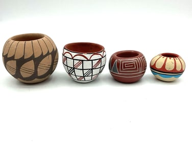 Set of Four Jemez Pottery Miniature Vessel Set Vintage Signed