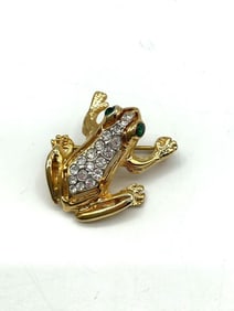 Gold Tone Rhinestone Frog Brooch