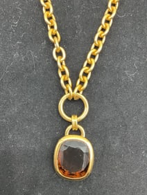 Gold Tone Chain Necklace with Amber-Colored Glass Pendant