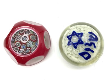 Pair of Murano-style millefiori paperweight