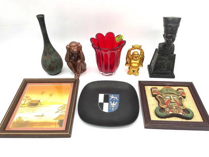 Mixed Decorative Collectibles Lot: Description:  A curated assortment of decorative items including:  A tall, slender bronze or copper vase with a patinated finish. A small, brown monkey figurine in a &#34;see no evil, hear no evil, sp