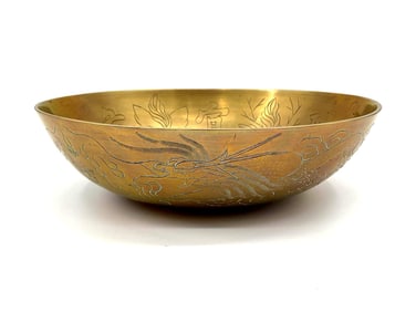 Chinese Brass Engraved Bowl with Script and Floral Motif