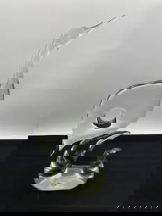 Murano Clear Art Glass Crane Sculpture: Elegant Murano hand-blown glass sculpture of a crane, crafted in clear glass with fluid, elongated lines and a graceful stance. The bird’s body features smooth curves and a polished finish, exemplif