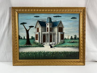 Attributed to Gertrude Abercrombie (American, 1909-1977) Oil on Canvas: Description: Attributed to Gertrude Abercrombie.Signed on the lower right and dated 1952. The painting features a Victorian-style house with a symmetrical facade, columns, and a central tower. The sur