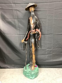 Large Bronze Sculpture of Asian Man with Hat