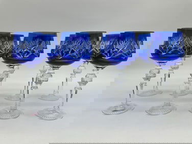 Set of 8 Cobalt Blue Cut to Clear Crystal Wine Glasses
