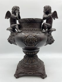 Maitland Smith Bronze Cherub Urn with Decorative Relief