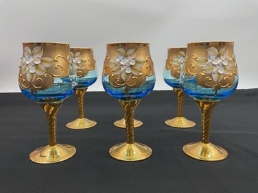 Set of 6 Hand-Painted Bohemian Style Wine Goblets with Gold Detailing