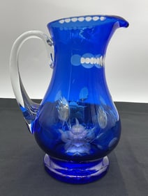 Cobalt Blue Cut-to-Clear Floral Crystal Pitcher